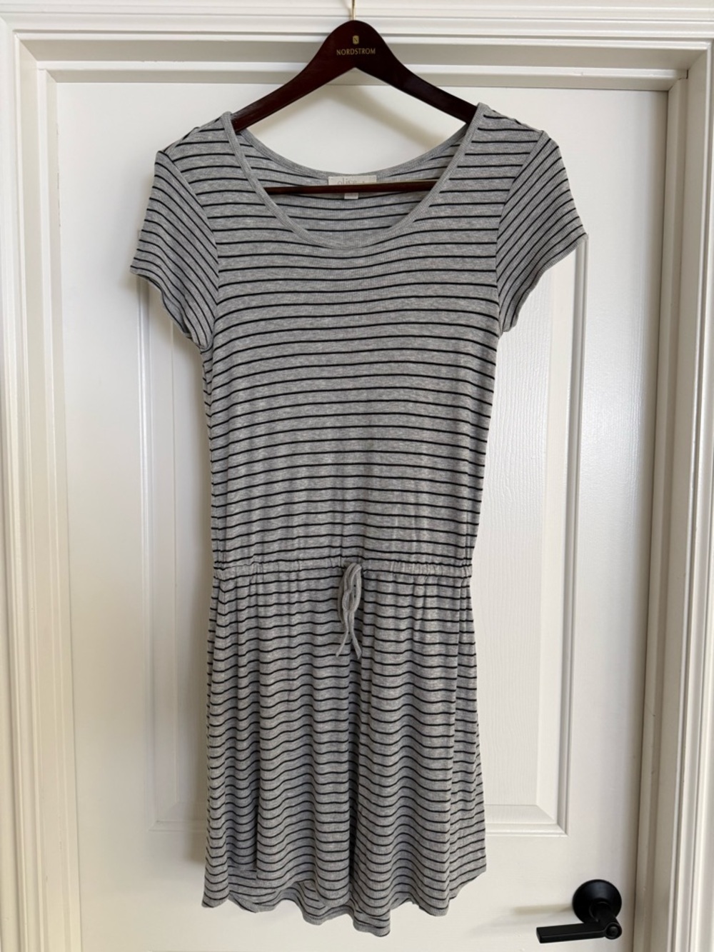Olive & Oak Gray and Black Striped Ribbed Knit Casual T-shirt Dress.